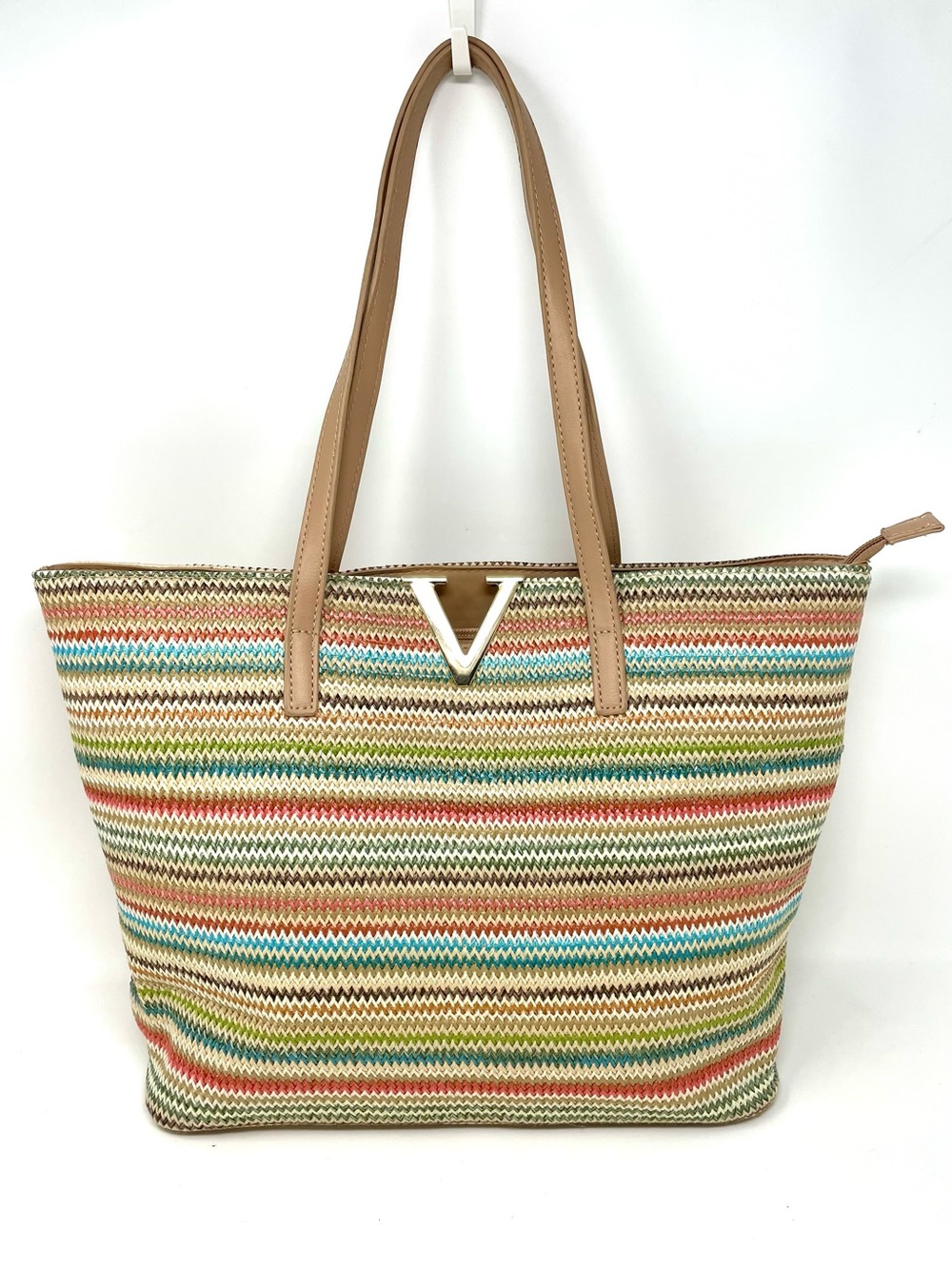 Crossi Multicolor Chevron Stripped Straw Tote Shoulder Bag Large Purse